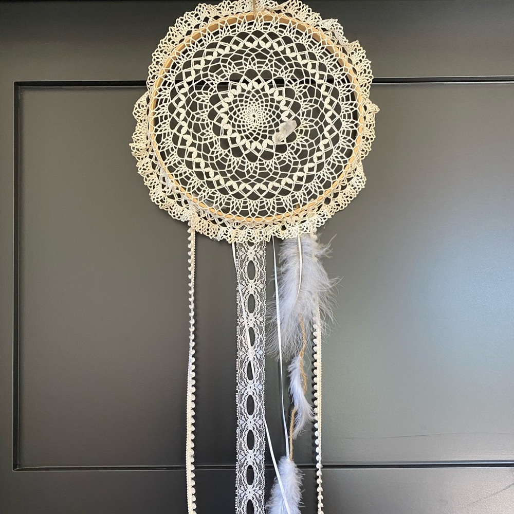 Dream catcher. white with lace, feathers, crystals